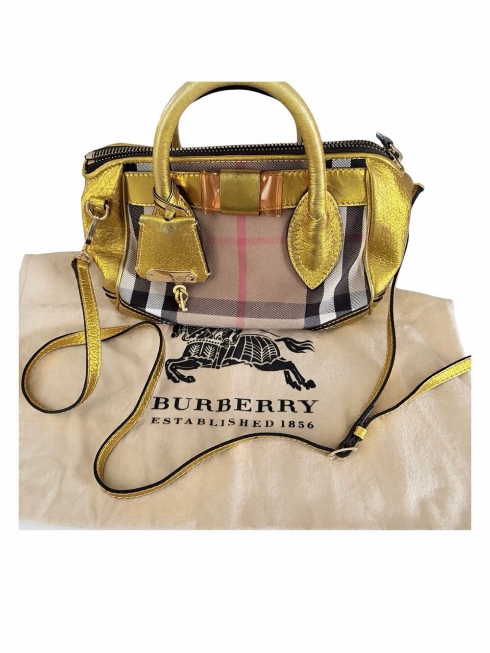 Burberry Prorsum Metallic Gold House Check Leather Bowling Bag w/ Lock & Key COA